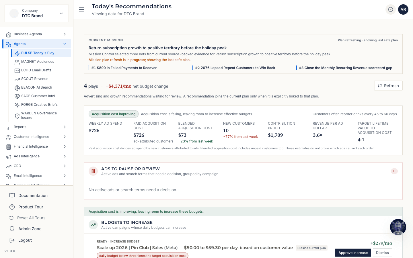 Finsi AI CMO dashboard: current mission, agent plays, and a budget recommendation awaiting approval