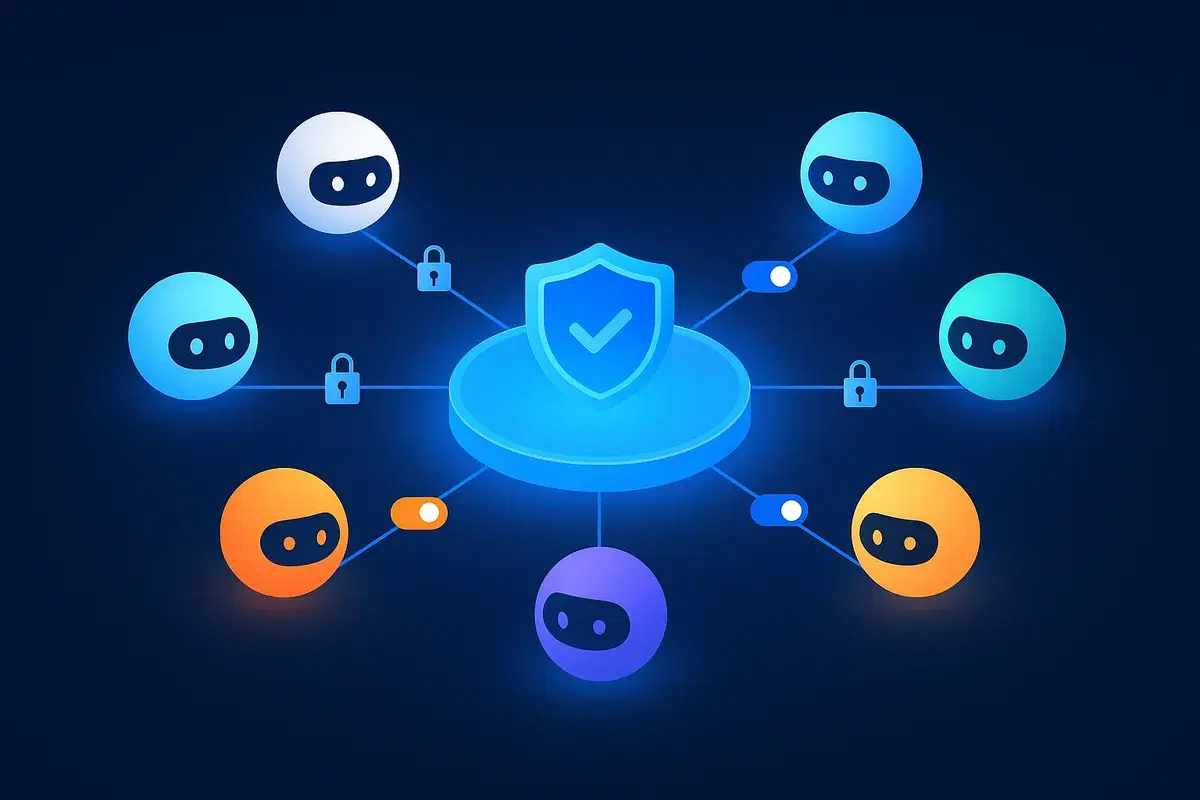 Several different AI agents connected to one hub, each with its own lock or switch for permissions
