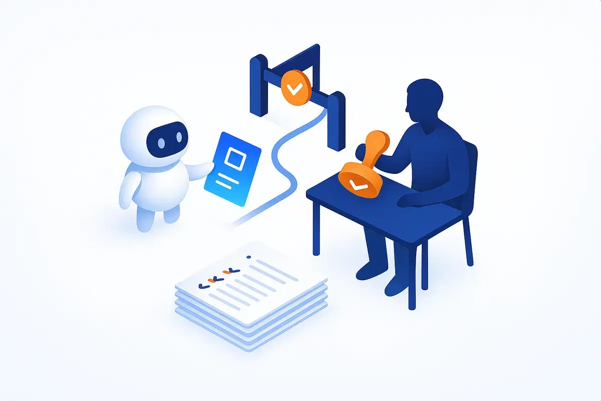 An AI agent hands a proposal to a person, who approves it with a stamp; a record of the action is kept